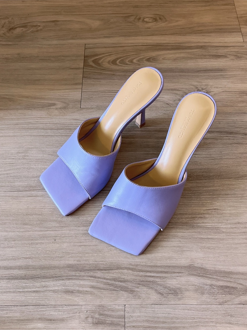 Tony Bianco Lavender Lilac Purple Square-Toe Slide Heels Sandals Mules
